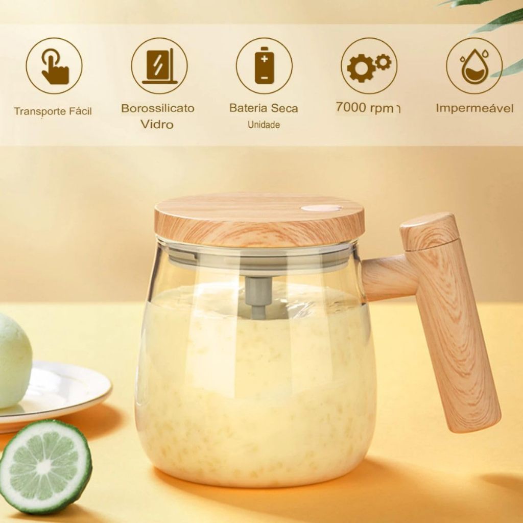 Caneca Mixer Recarregável X-CELL de Vidro com Tampa - Misturador Magnético de Café, Whey e Achocolatado