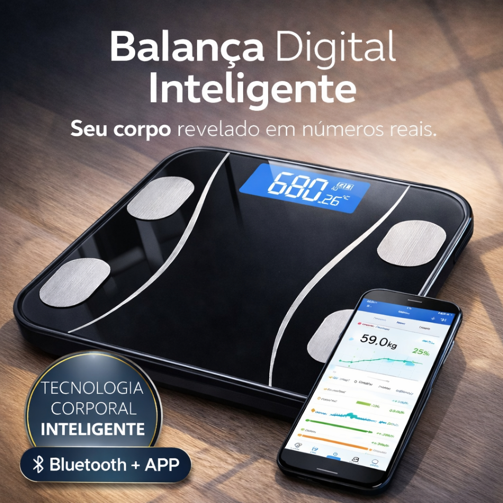 Balança Digital Inteligente Bluetooth Bioimpedância 140kg IMC Gordura Massa Muscular App Android iOS