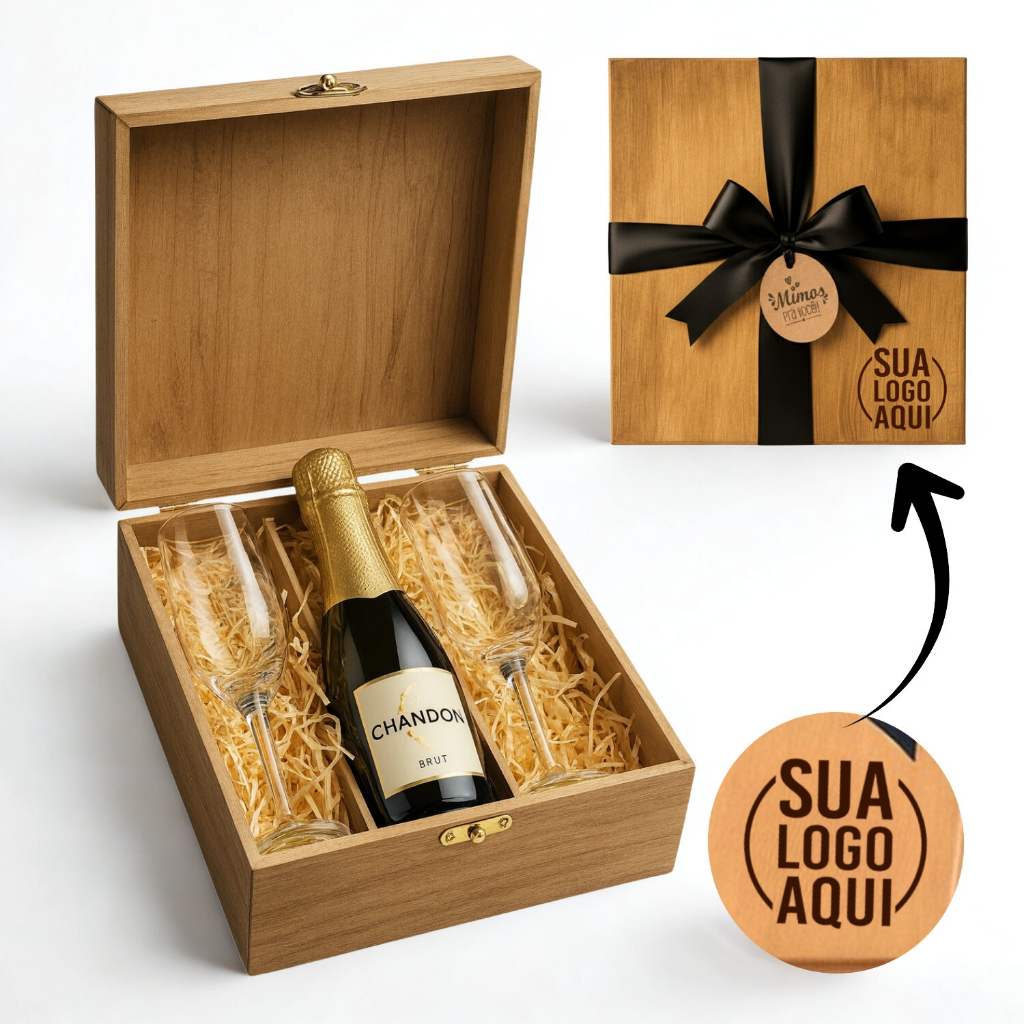 Kit Cesta Chandon Baby em Estojo Madeira com Taças. Presente Premium. PERSONALIZE COM NOME OU LOGO!