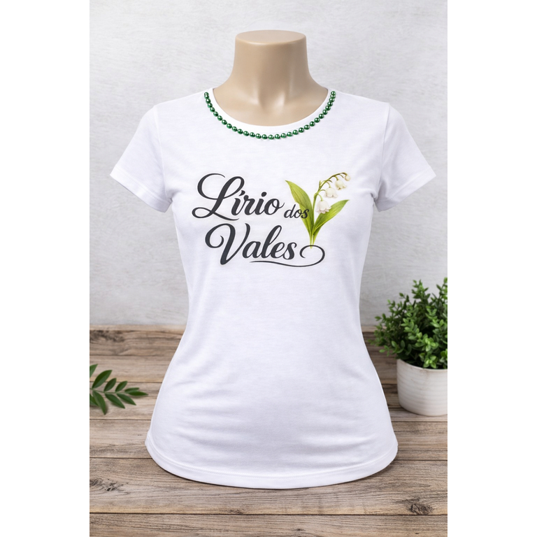 Camiseta Evangélica Feminina Círculo Lírio dos Vales | Camiseta Cristã em Polielastano com Pérolas