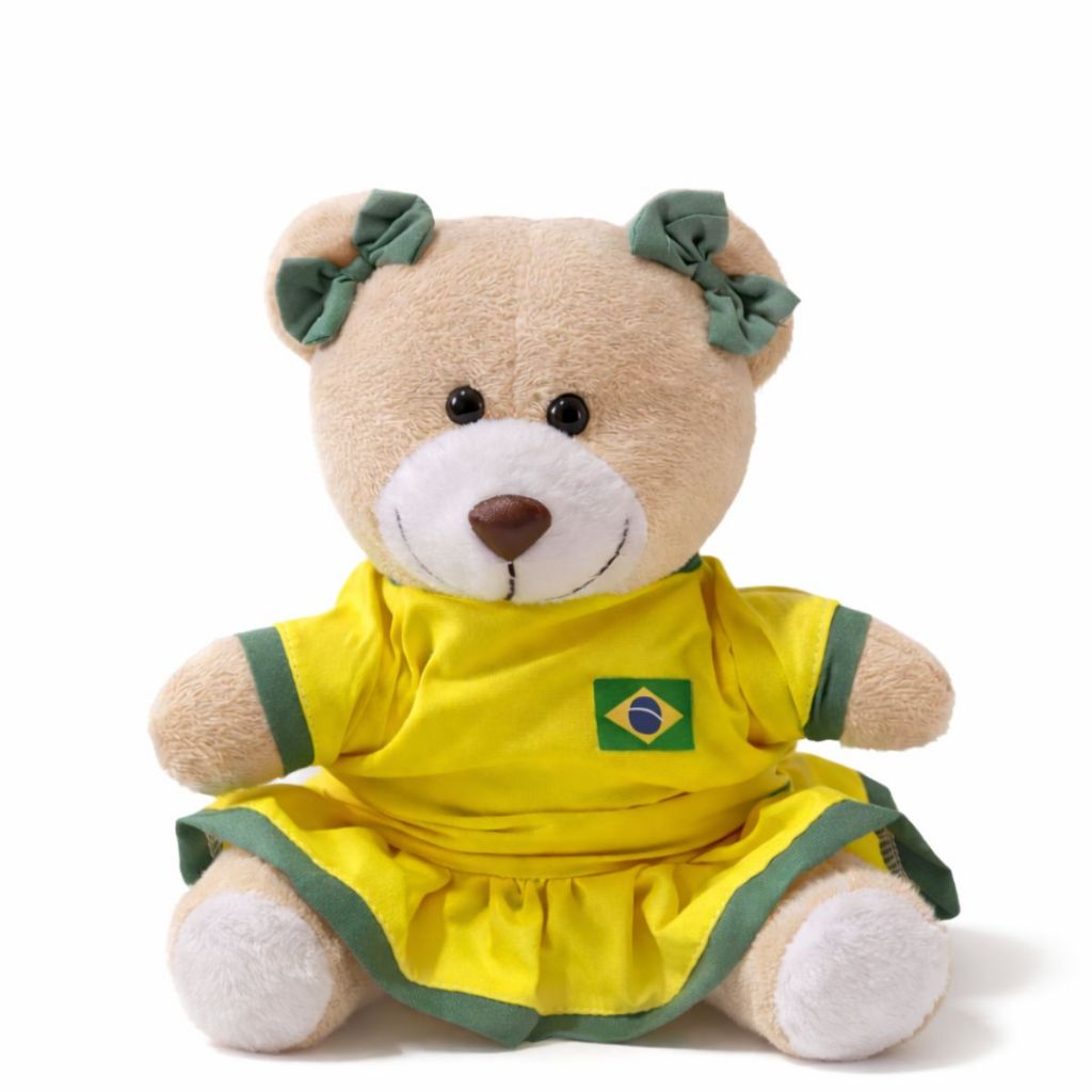 Ursinha de Pelúcia Brasil Copa do Mundo 2026 25cm – Urso Temático Futebol Seleção Brasileira