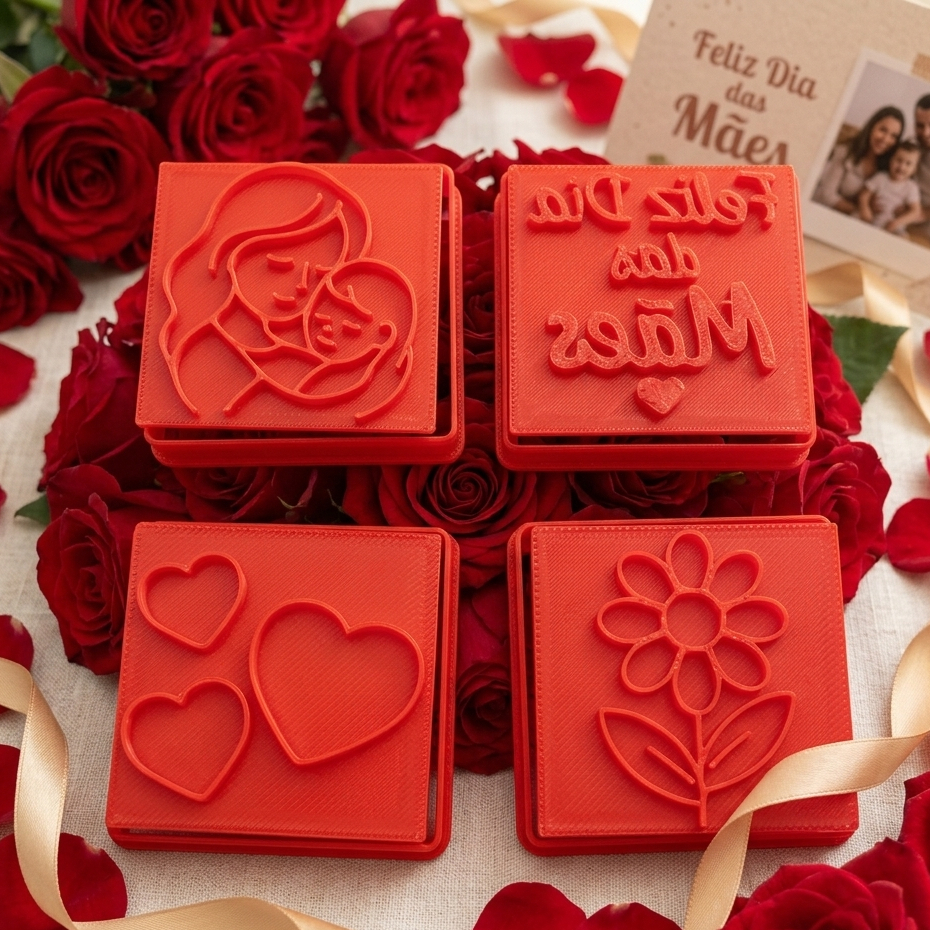 Kit 4 Cortadores + Carimbos Dia das Mães com Puxador de Coração – Biscoitos Decorados com Amor-COR SORTIDA