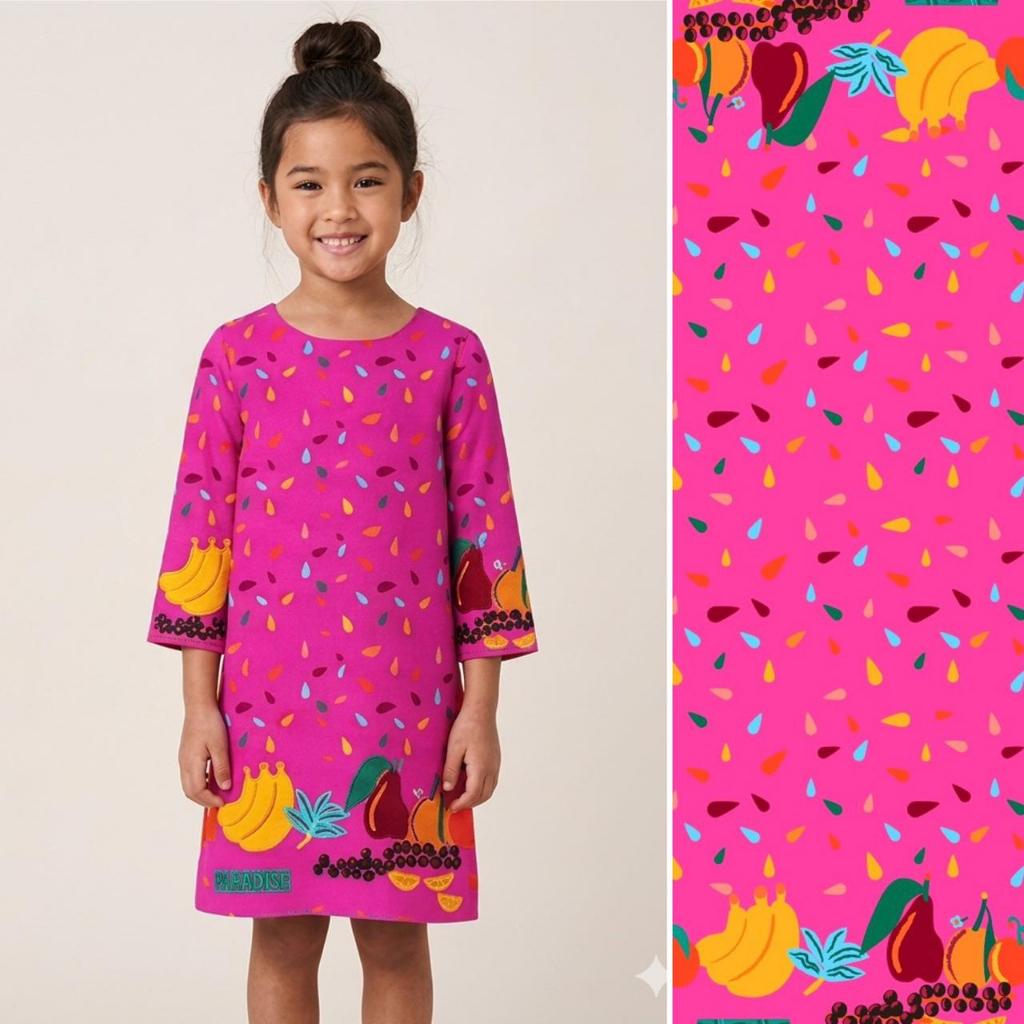 TECIDO CREPE BARRADO FRUTAS PARA VESTIDO INFANTIL