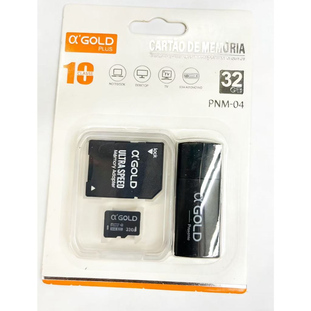 Kit  Cartao  de  Memoria  32GB   α'GOLD,  Plus   -100%Origina  Potrncia  e  Versaatilidade  em   Suas  Maos