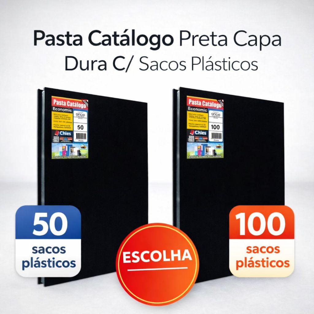 Pasta Catálogo Portifólio Preta Capa Dura Of/A4 com 100 ou 50 Sacos Plásticos Colchete Chies