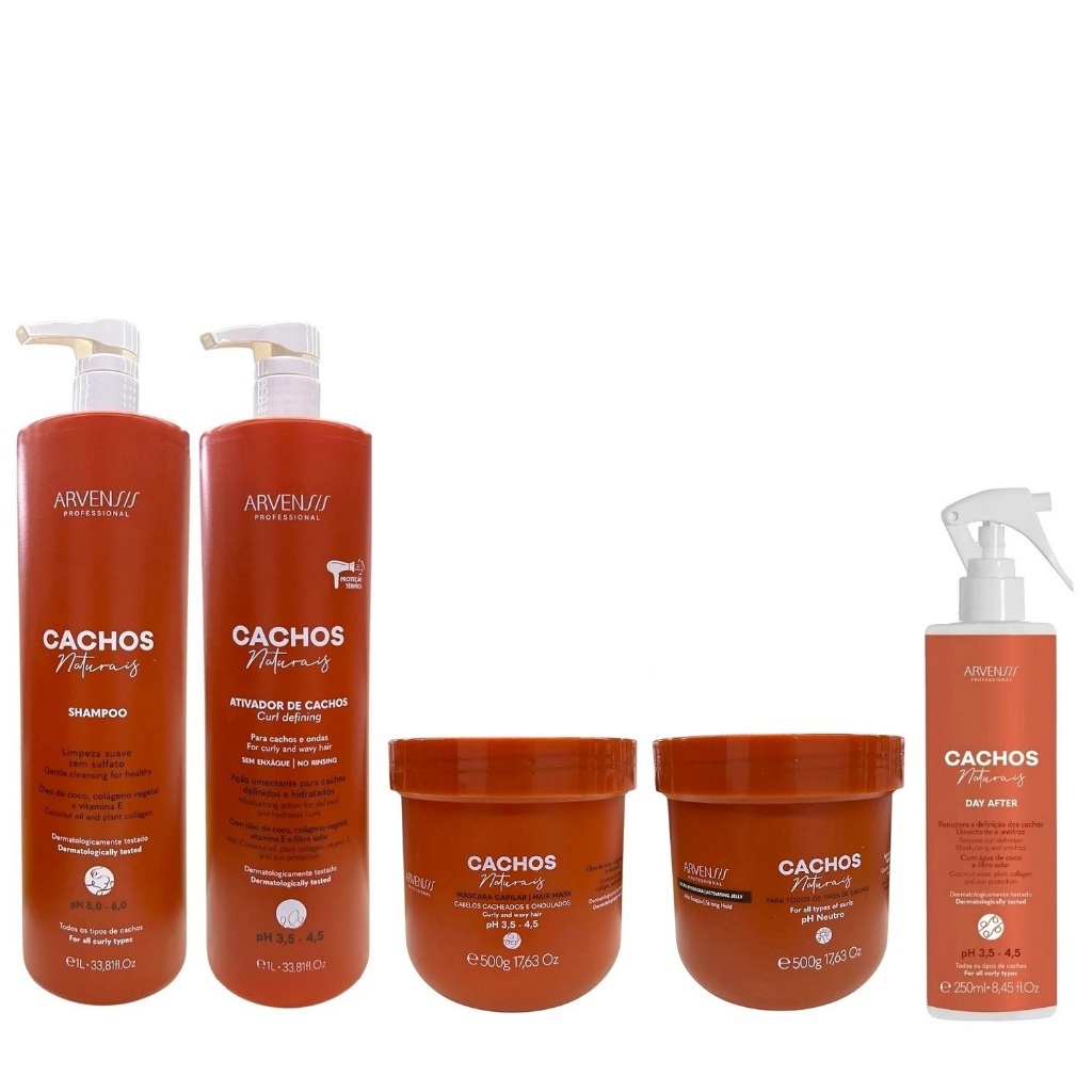 Kit Arvensis Cachos - Shampoo 1L + Ativador De Cachos 1L + Máscara 500g + Geleia Alta Fixação 500g + Day After 250ml