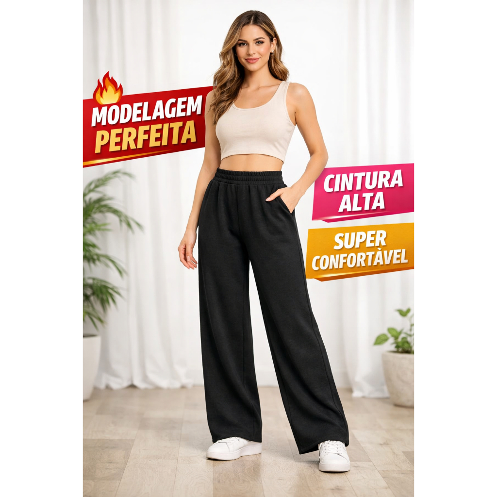 Calça Wide Leg Feminina Pantalona Cintura Alta Moletom Elastano Soltinha Confortável em Oferta na Shopee