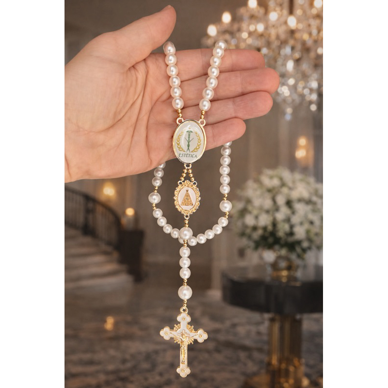 Terço formatura profissão estética (ou outra profissão) kit com caixa de presente e organza | terço pérolas personalizad
