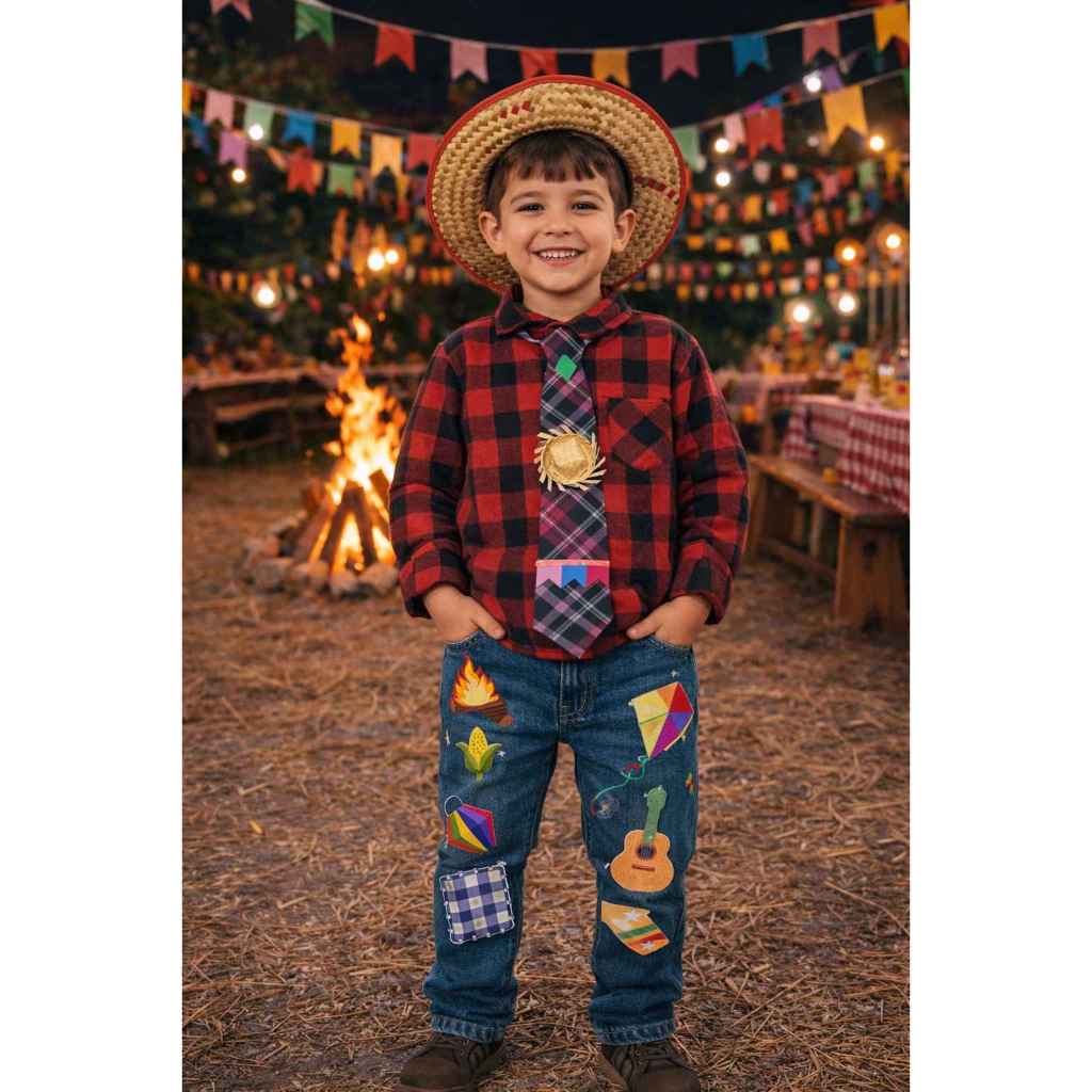 Camisa Xadrez Festa Junina Gravata, Chápeu e Adesivo VARIÁDOS ENVIO JÁ