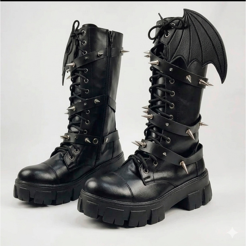 Coturno Gótico com Spikes e Fivelas | Bota Devil Plataforma com Asas de Morcego | Bat Wing | Vegan Boots | Santacrowo