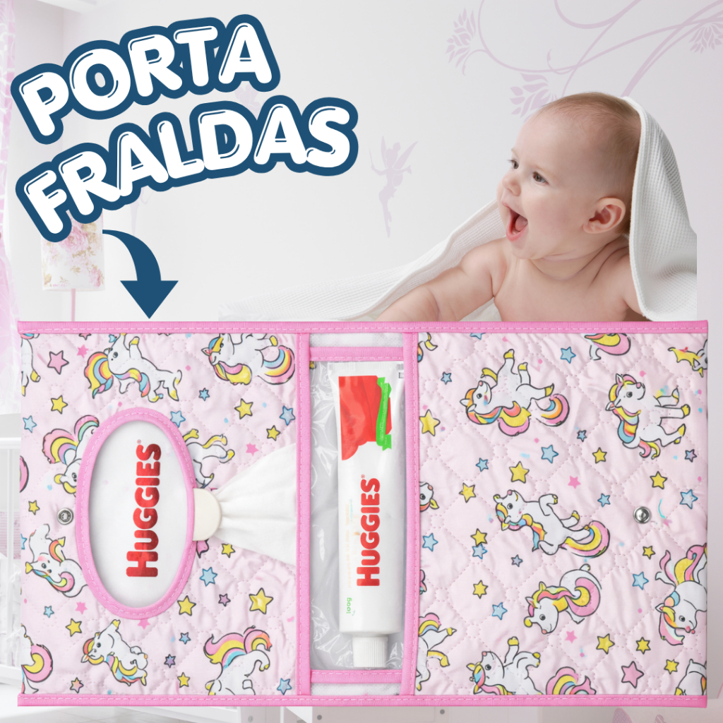 Necessaire Porta Fraldas Lenço Umedecido Bebê Estampa Unicornio Rosa Bolsa Menina Portátil