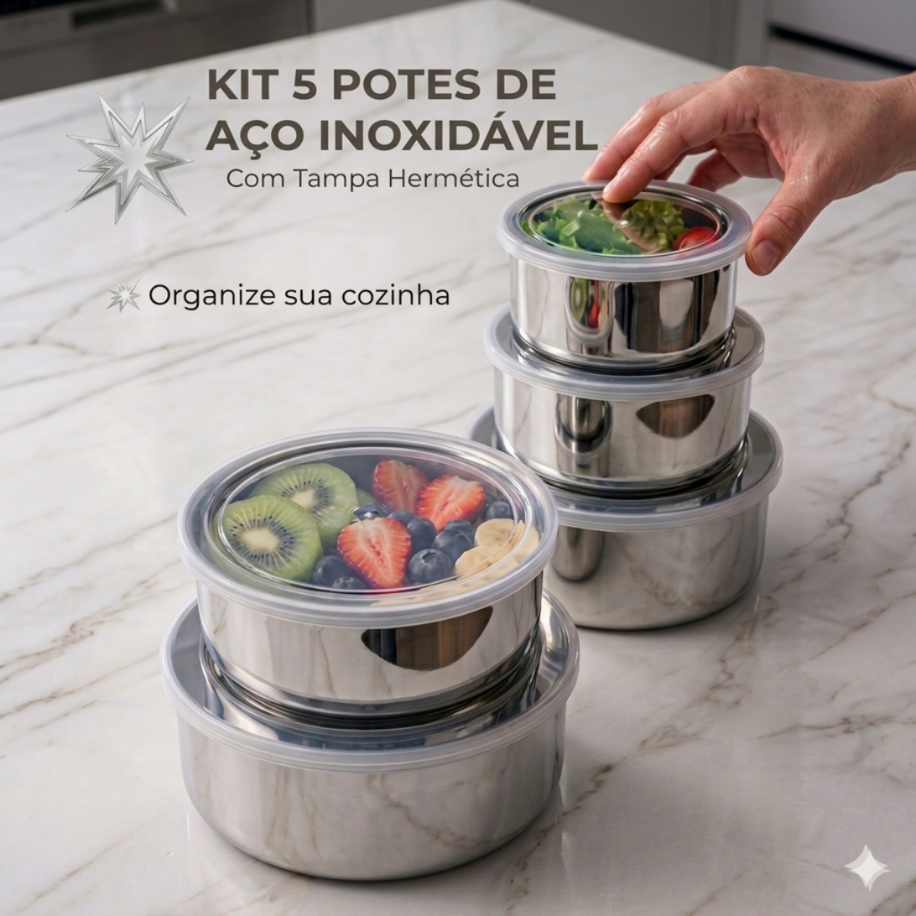 Kit 5 Potes Inox Herméticos com Tampa | Marmita Redonda Organizadora Alimentos Geladeira Cozinha