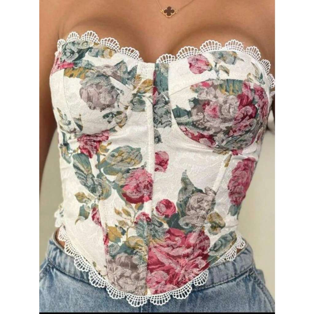 Cropped Corset Tomara que Caia floral amarração traseira sexy Balada, Festa, Moda Blogueira, Look Ousado 2026 cropped an