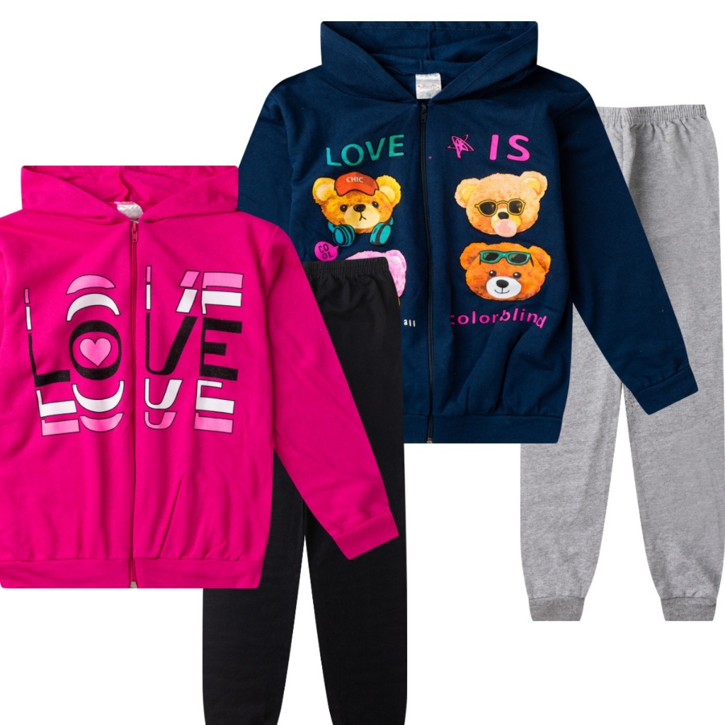 Kit 2 Conjuntos de Menina Feminino Moletom Com Zipper e Capuz Inverno Infantil Juvenil Algodão