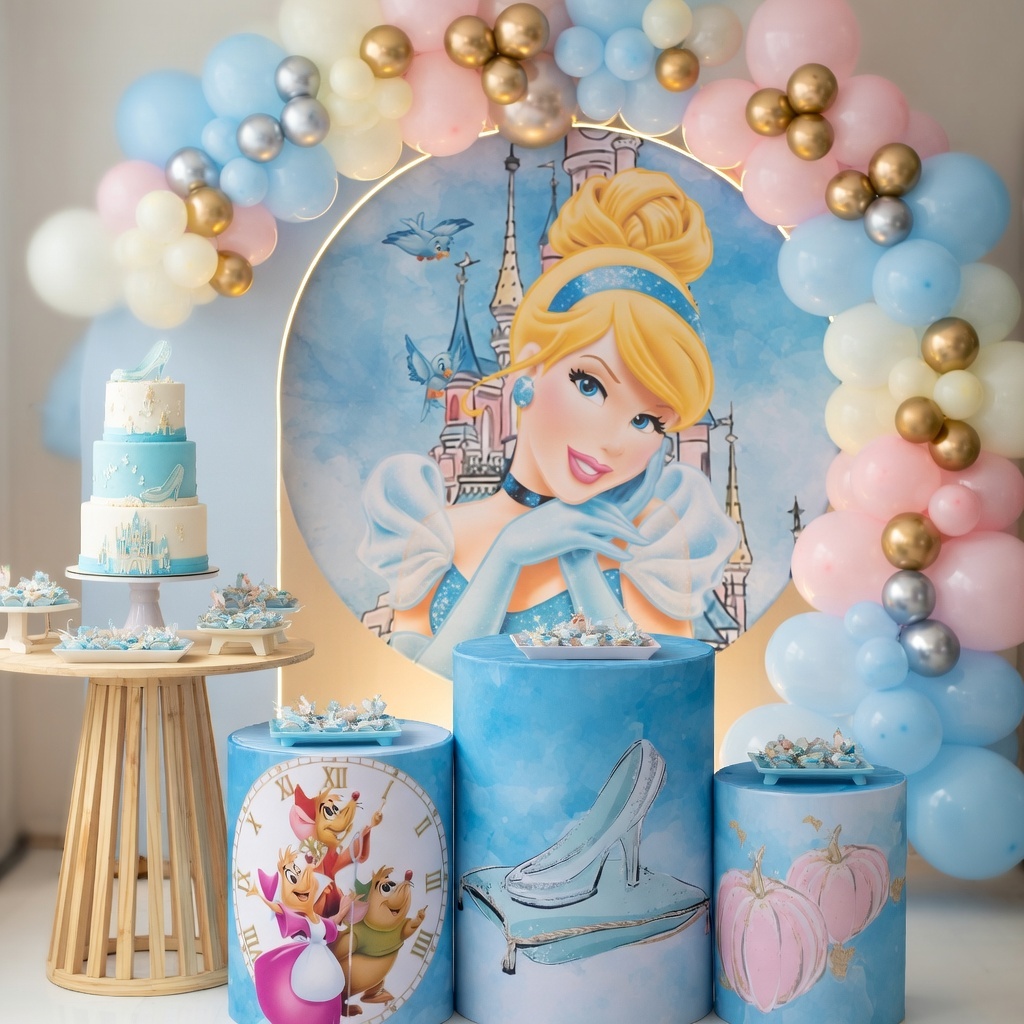 Kit Capas Princesa Cilindros + Painel Redondo Decoração Pegue e Monte Tema Cnderela Bibi Painéis Veste Fácil