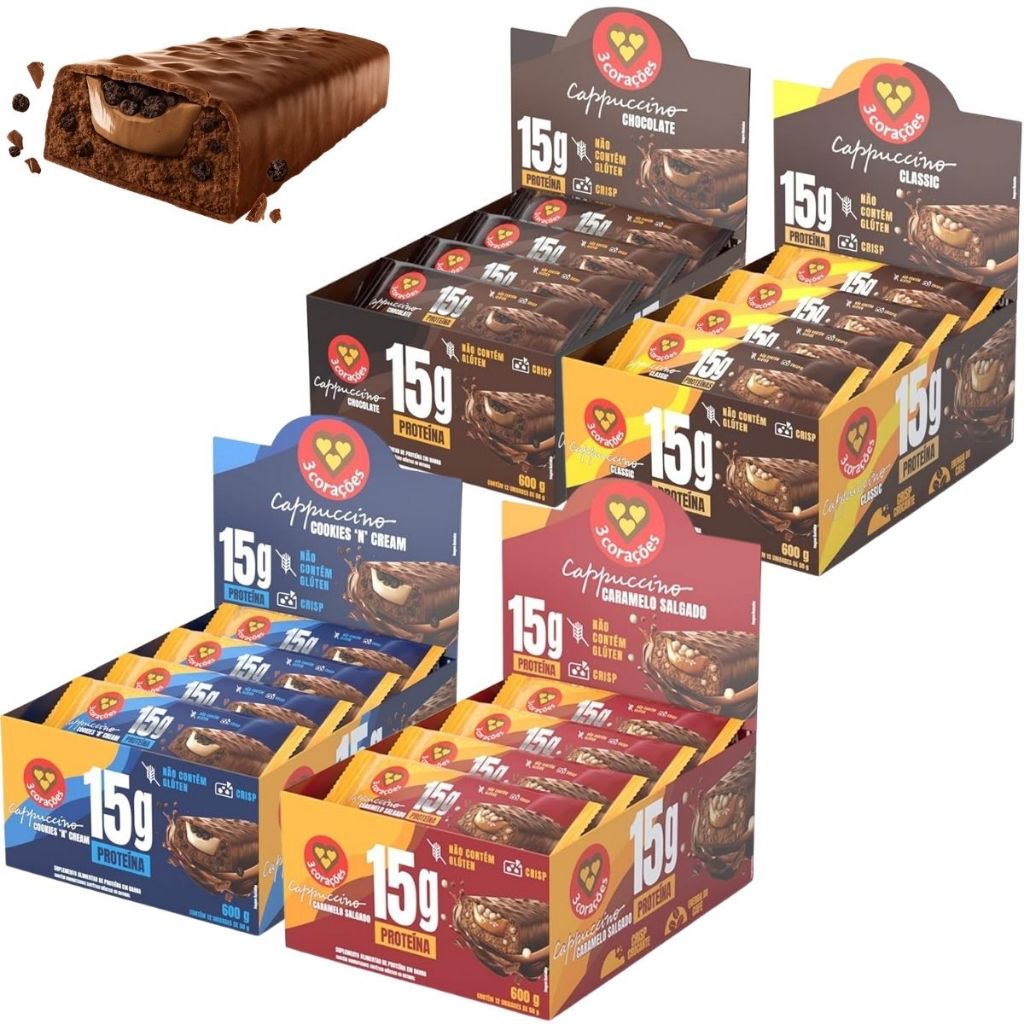 Kit 12 Barras Proteínas Cappuccino 4 Sabores Cx 600g 3 Corações