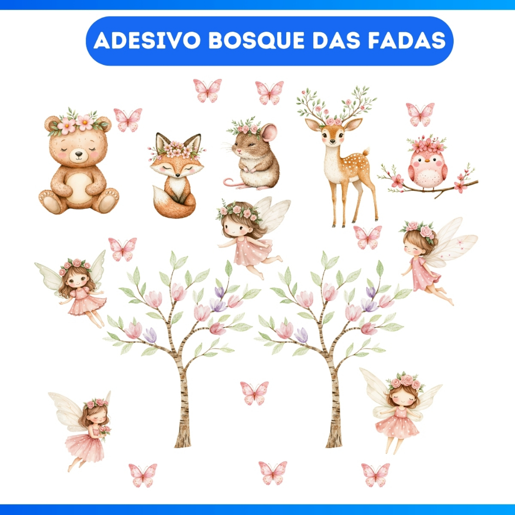 KIT COM 22 ADESIVOS PARA PAREDE BOSQUE DAS FADAS - MENINA em Oferta na Shopee