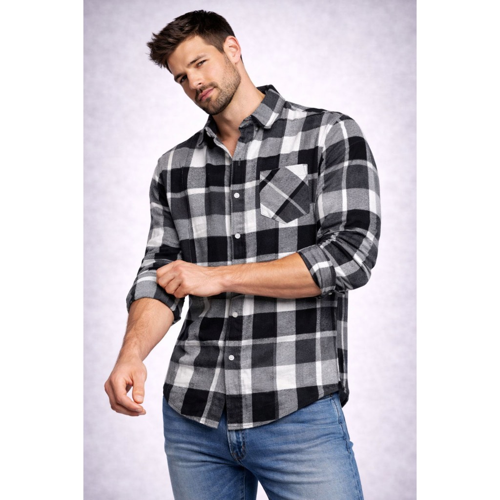 Camisa Masculina Flanela Social Manga Longa Xadrez Lenhador Bom Pano Preto/Branco