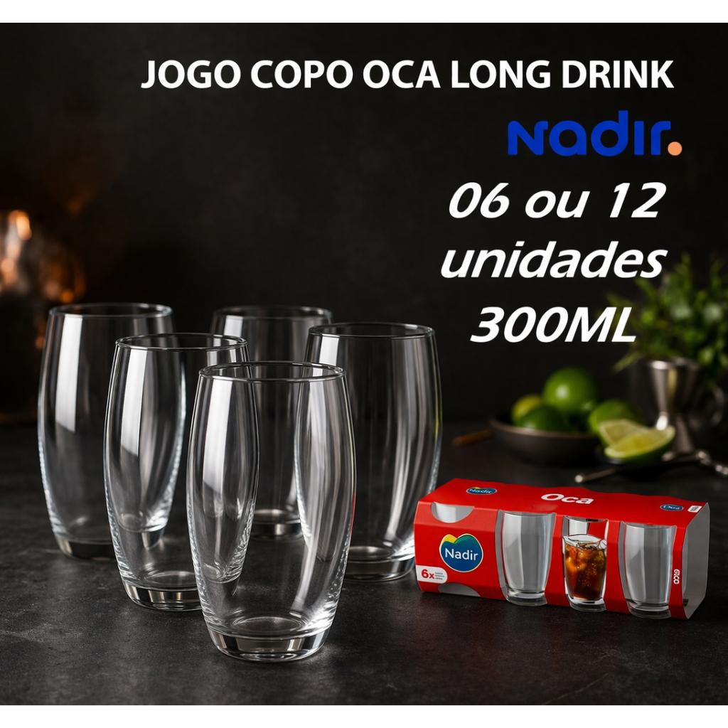 Jogo Copo Long Drink Vidro 300ml Nadir Figueiredo 6 Peças 12 Peças Bar Restaurante Festa Cozinha