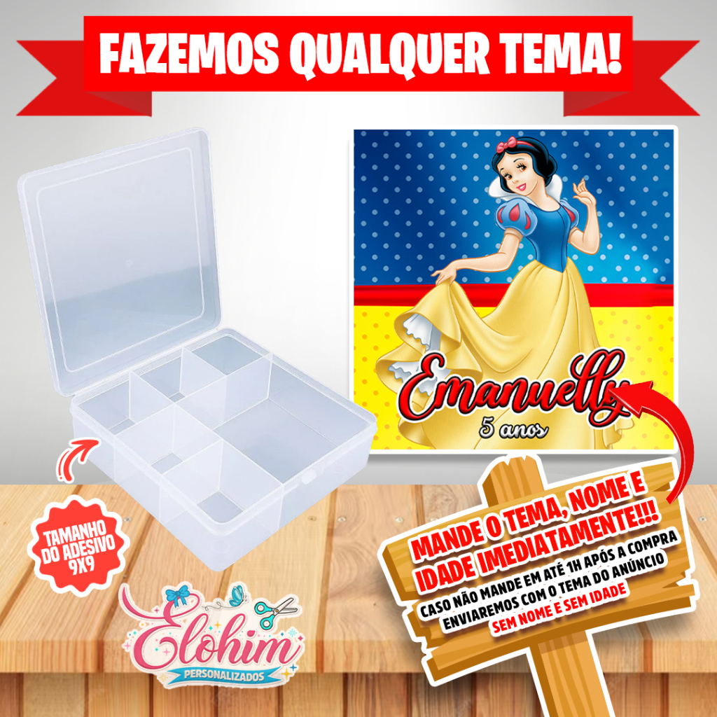 Rótulo Adesivo para personalizar Caixa Organizadora 11x11 - Branca de neve