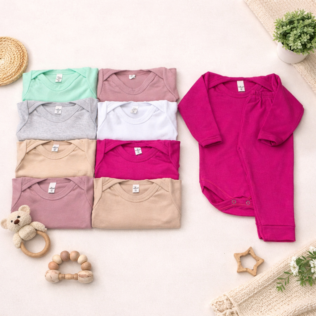 Kit Bebê 6 Peças Canelado – 3 Bodys Manga Longa + 3 Mijões | Feminino e Masculino em Oferta na Shopee