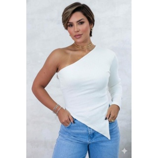 Blusa feminina nula,  manga longa assimetrica de um ombro só,elegante,moda tendência, ribana de algodão em Oferta na Shopee