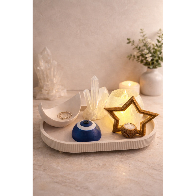 Imagem Kit Proteção Espiritual e Energética Completo – Bandeja Decorativa com Cristais, Olho Grego, Vela LED e Porta Joias