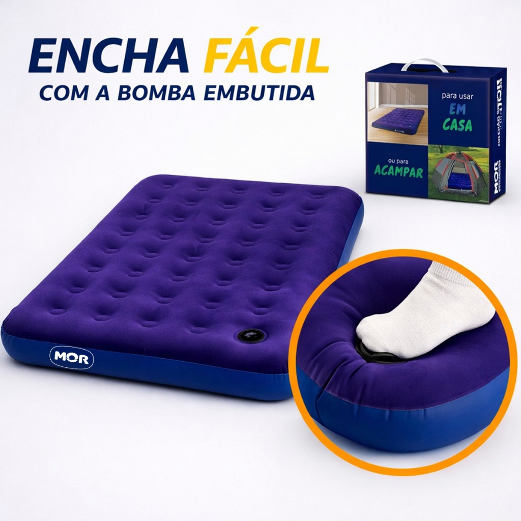 Colchão de Casal Solteiro Inflável Com Bomba De Pé Uso Fácil Resistente Aveludado Portátil MOR em Oferta na Shopee