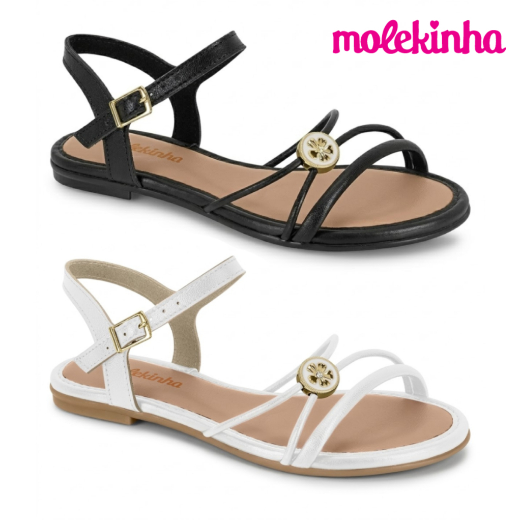 Sandália Infantil Molekinha Menina Rasteira Casual Flat Detalhe Tiras Rasteirinha Confortável  