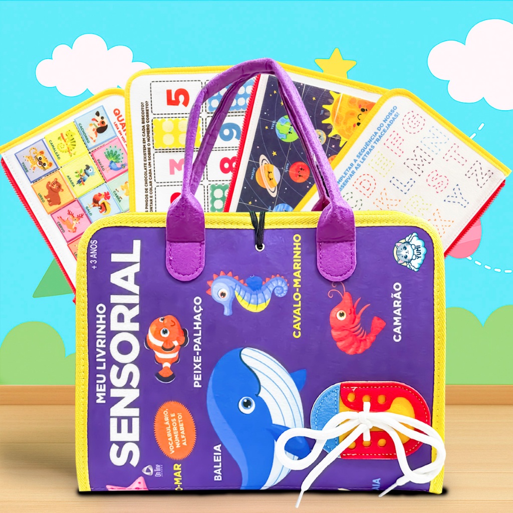 Livro Infantil Maleta Educativa Montessori - Brinquedo Sensorial Para Bebês Crianças Animais do Mar