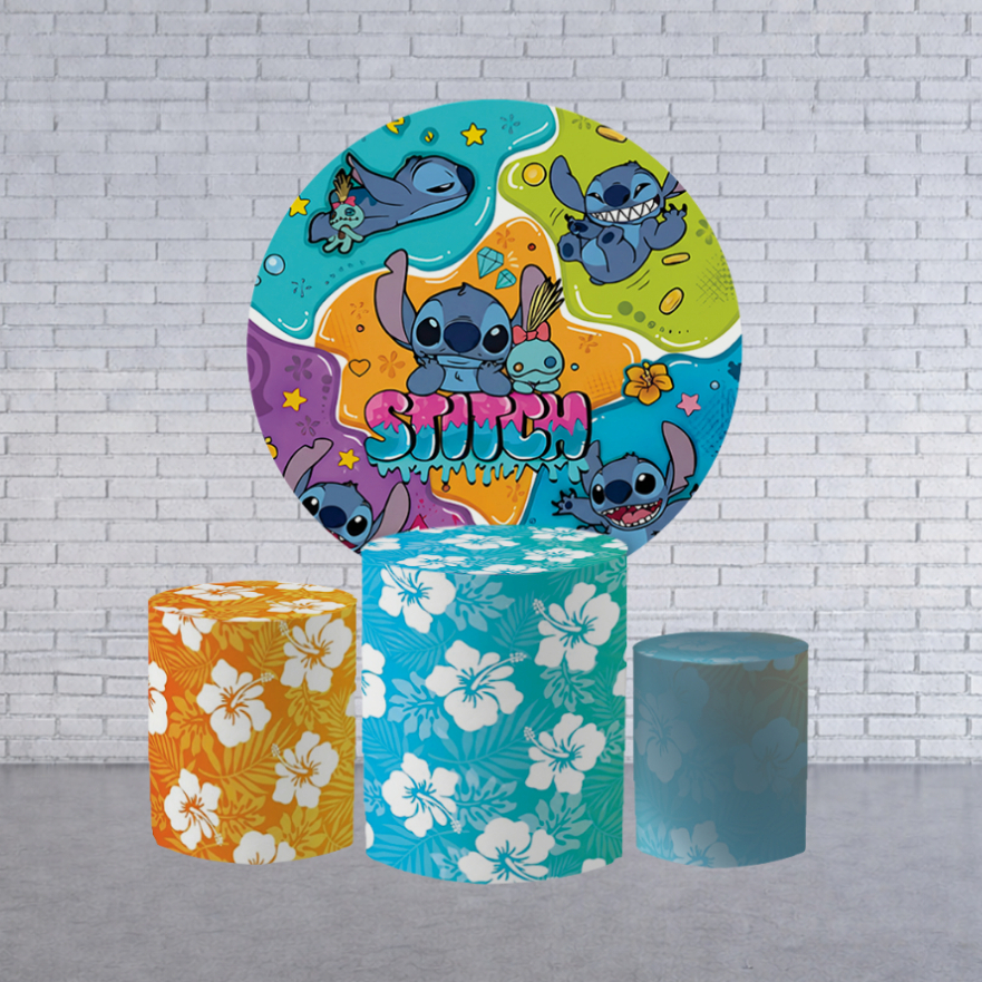 Capa Painel Stiitch  + T rio Cilindro Festa Infantil Tema Tropical Completo Decoração Sublimado Bibi