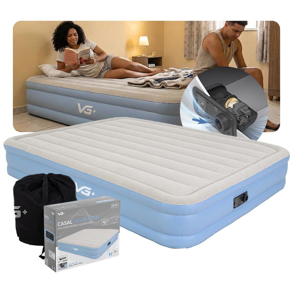 Colchão Inflável Casal Queen Layer Tech Resistente com Bomba Elétrica Embutida VG Plus