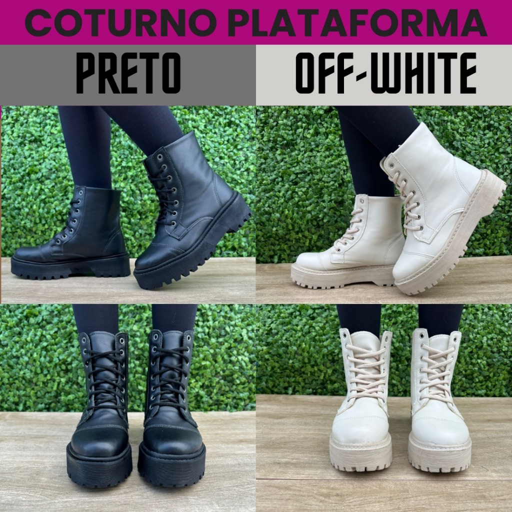 Bota Coturno Feminina Tratorada Cano Médio Plataforma Confortável Estilo Militar Preto Bege Off White