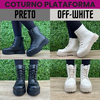 Bota Coturno Feminina Tratorada Cano Médio Plataforma Confortável Estilo Militar Preto Bege Off White