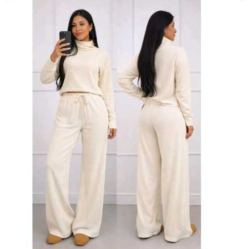 Conjunto Feminino Inverno 2026 Manga Longa Gola Alta Tecido Canelado Texturizado Elegante Premium