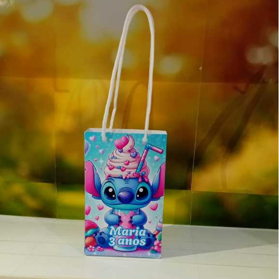 Sacolinhas Personalizadas  Stitch cute  Milk shake com nome e idade -Lembrancinhas de festa infantil