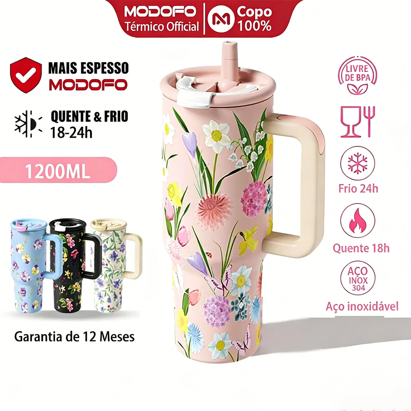 MODOFO Garrafa térmica de água 1.2 litro/40OZ grande Copo Termico De Agua Com Canudo Tampa Alça Escova para canudos
