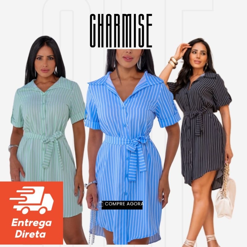 ⭐Vestido Chemise manga curta listrado Moda feminina- 5 opções de estampa listrado no tecido duna⭐