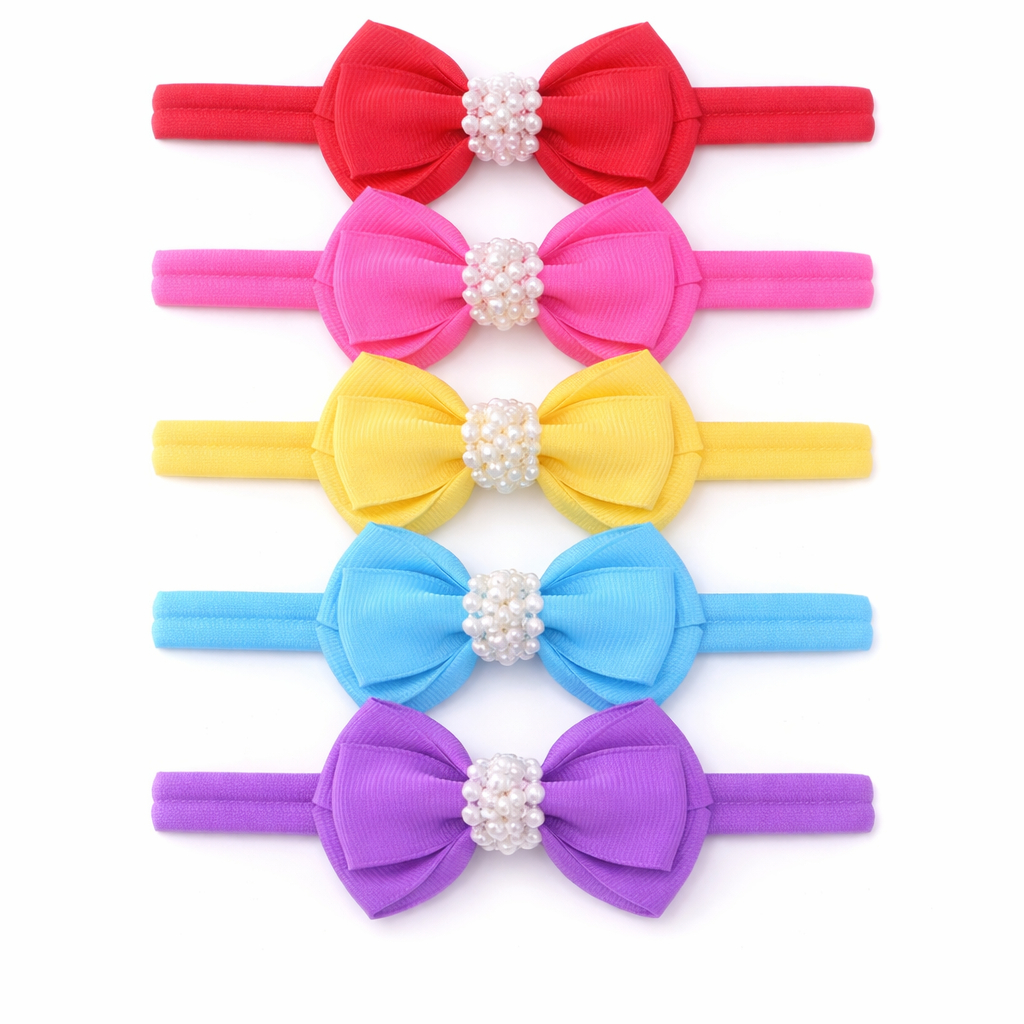 Kit 5 Tiaras Bebê Laço com Pérolas Faixa de Seda Infantil Cores Sortidas Luxo Recém-Nascida maternidade enxoval