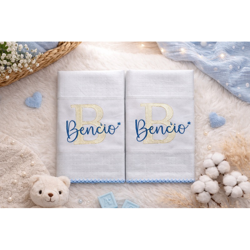 Fralda de Boca Bordado Valletex Premium kit 2 unid. - Personalizada com Nome Bebê Alta Qualidade 35x50-Leia a Descrição