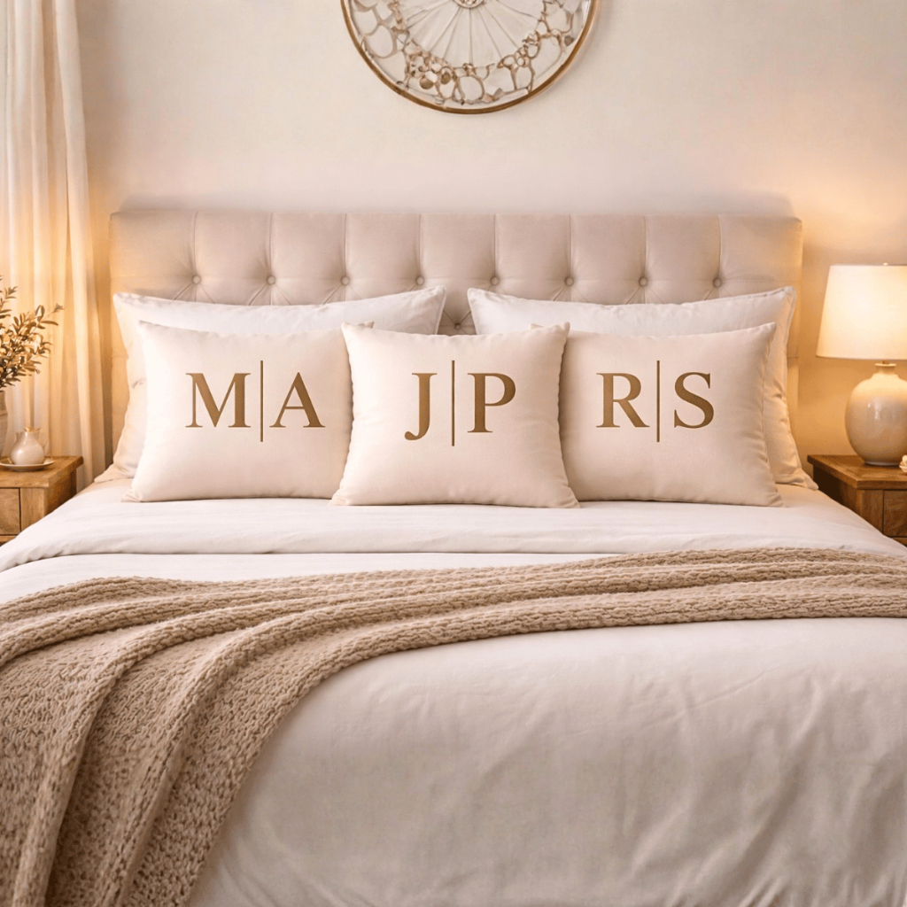 ALMOFADA DECORATIVA COM INICIAL DE CASAL PERSONALIZADA COM BORDADO PREMIUM