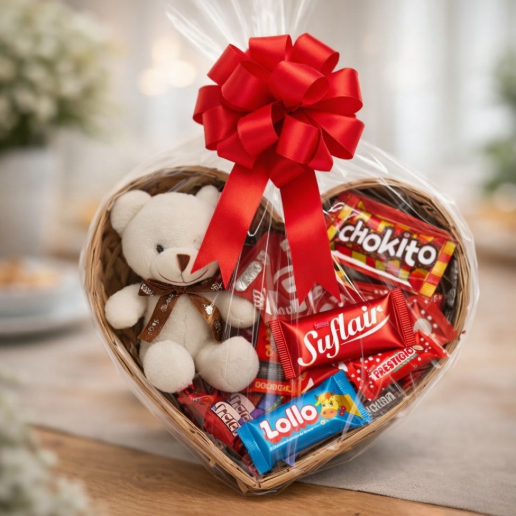 cesta de chocolates de coração mdf com pelucia cafe da manhã presente namorada (0) surpresa criativa em Oferta na Shopee