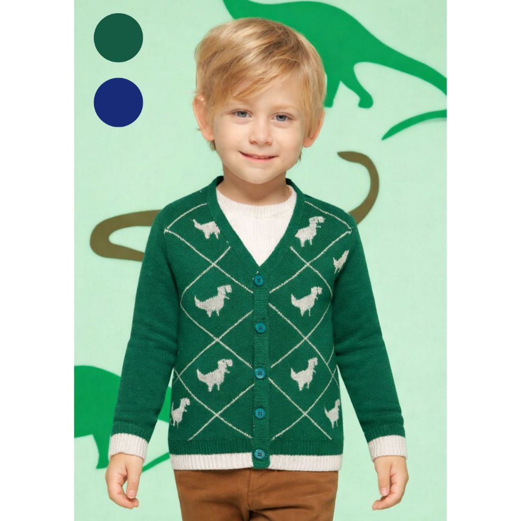 Cardigan Casaquinho Botões Tricô Meia Estação Meninos Dinossauro Azul Verde Inverno