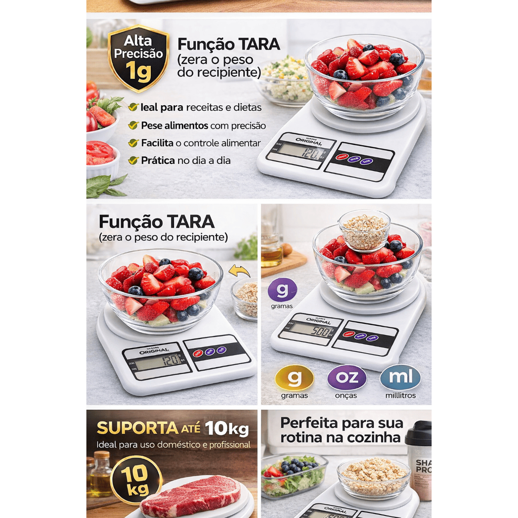 Balança Digital De Precisão Para Cozinha, Uso Domestico e Profissional Fitness Dietas Treinos Alimentos 10kG - Original