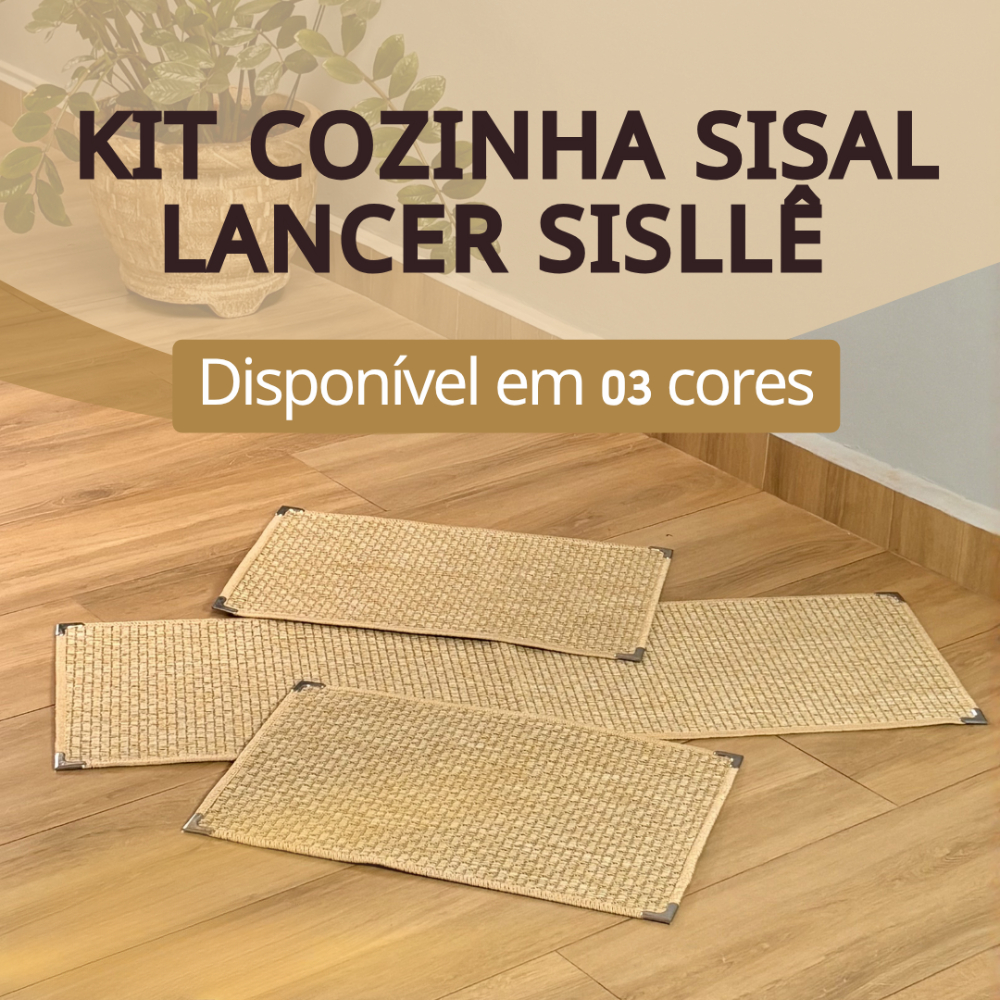 Kit Cozinha 3 Peças Antiderrapante Pia Completo Tapete Sisal Lancer com Cantoneira Aço Várias Cores