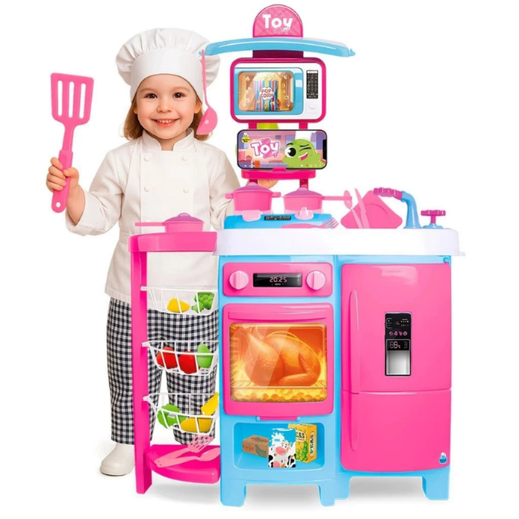 Cozinha Infantil Completa Rosa Chef 92 cm Sai Água De Verdade Som e Luz Frutas e Legumes de Cortar