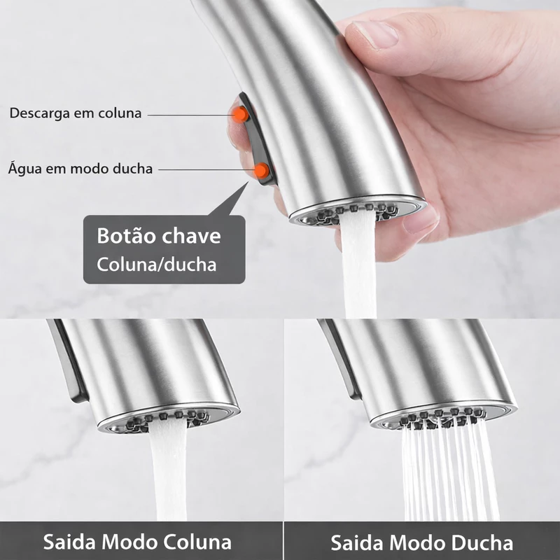 Torneira de Cozinha Gourmet Monocomando Extensível Inox Escovado — foto 3