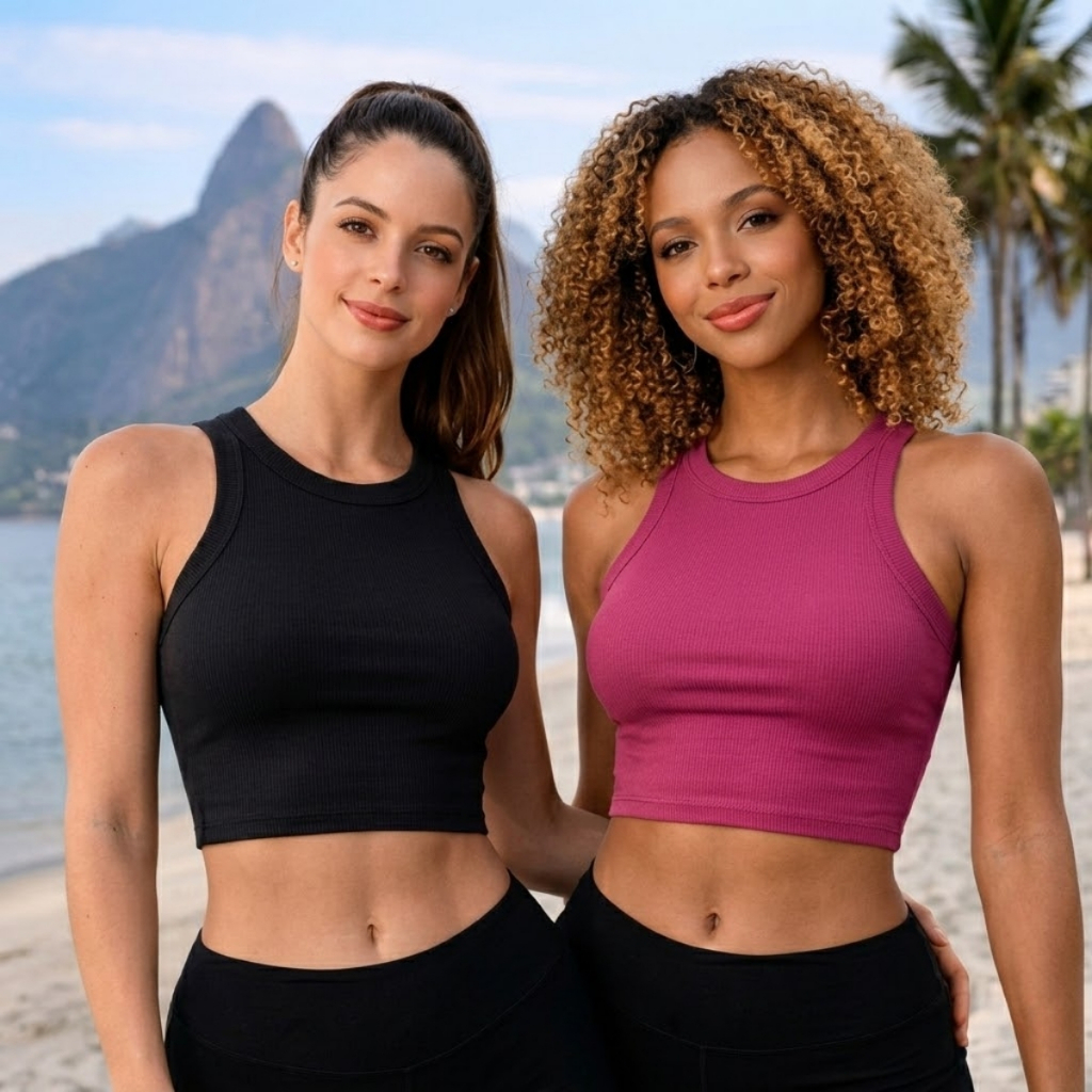 Kit Com 2 Cropped Regata Ribana Feminino Canelado Premium Treino Academia Corrida Fitness Sortido