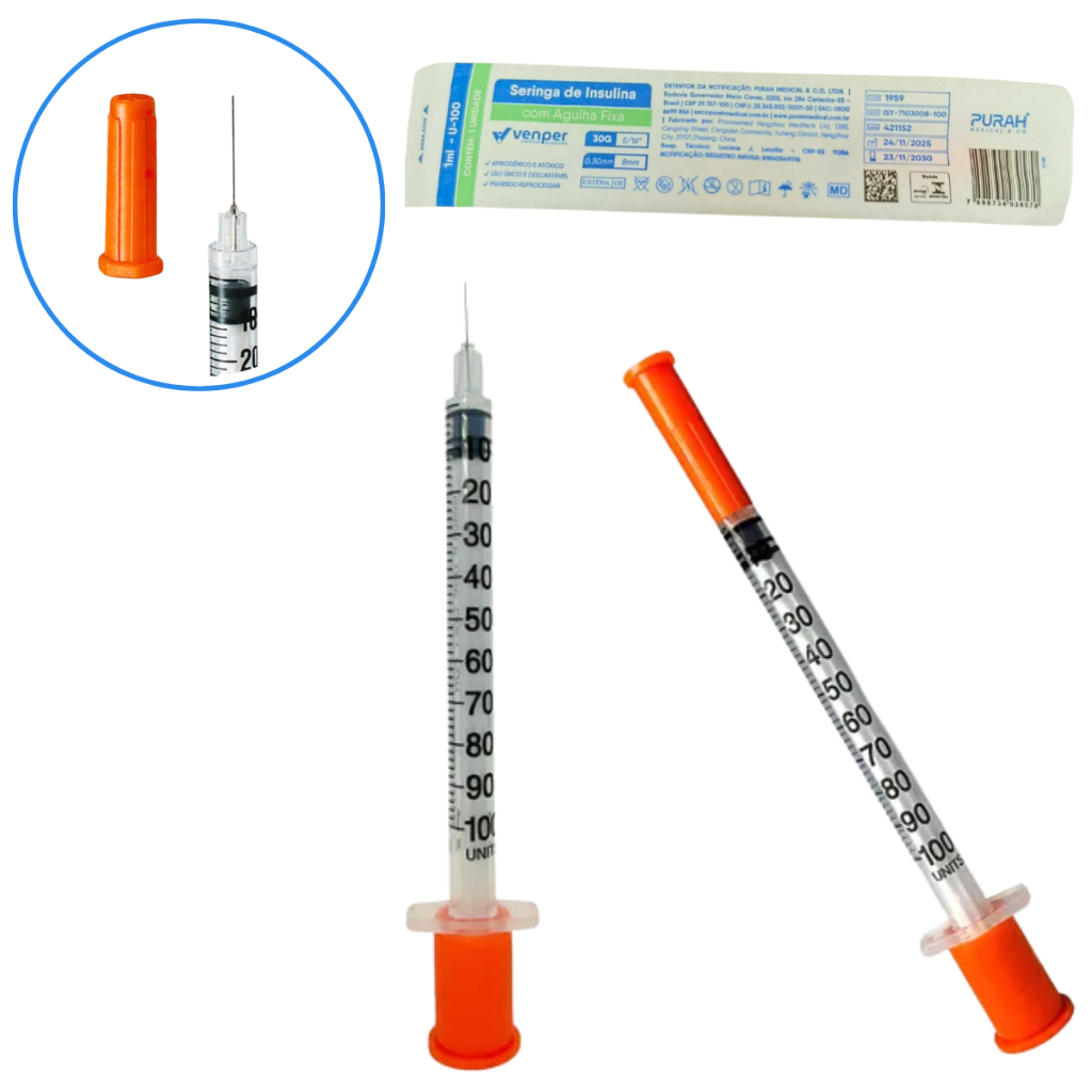 Kit 20 Seringas Insulina 1ml Agulha Fixa 8mm X 0,30mm Venper UltraFina Agulha Fixa em Oferta na Shopee