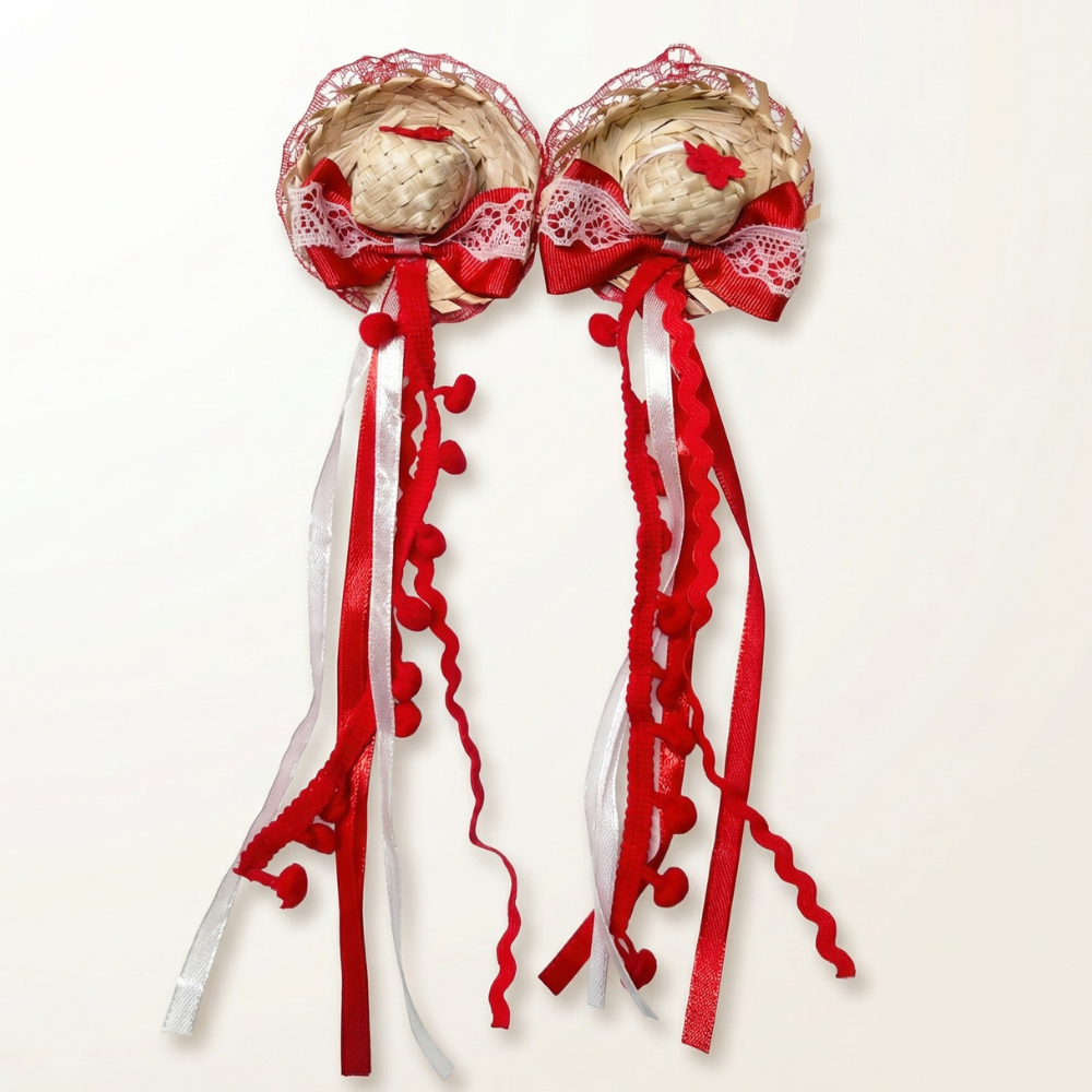 Presilha Junina Infantil Chapéu Palha Laço Fitas Pompom Festa São João Menina